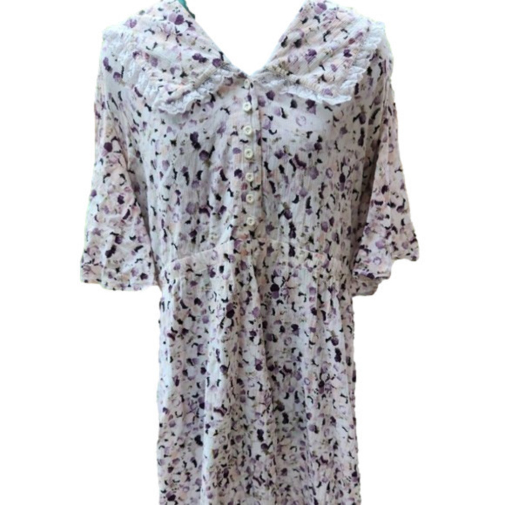 410. White with Purple Pansies, statement sleeves and collar dress | M